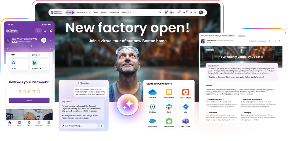 Collage of digital interfaces showcasing a factory opening announcement, a man looking up, app icons, and a newsletter update.